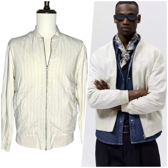 Zara Other - Zara | Men | Pinstripe Cream White Cotton Full Zip Light Bomber Jacket | Medium